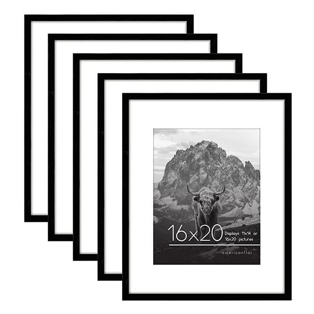 Americanflat 16x20 Picture Frame in Black - Set of 5 Frames - Displays 11x14 With Mat and 16x20 Without Mat - with Plexiglass Cover, Sawtooth Hanging Hardware For Horizontal or Vertical Display