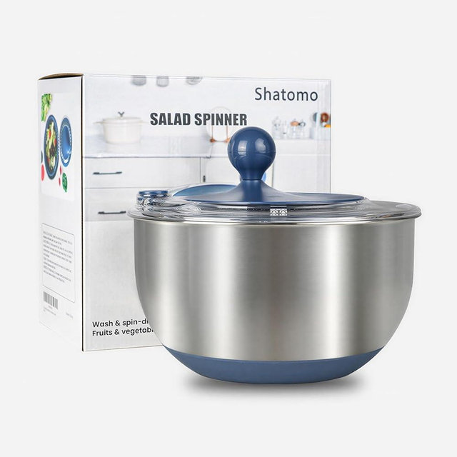 Stainless Steel Salad Spinner, 5.3 Qt Lettuce Spinner with Non-Slip Base, Drain and Stop Button, Fruit and Vegetable Washer and Dryer Spinner