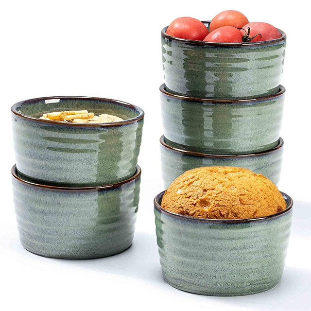 Ceramic 8 oz Ramekins Set of 6, Porcelain Crème brûlée Ramekins, Souffle Dishes for Baking, Oven Safe Ramekin Bowls, Reactive Glaze Pudding Cups (Green)