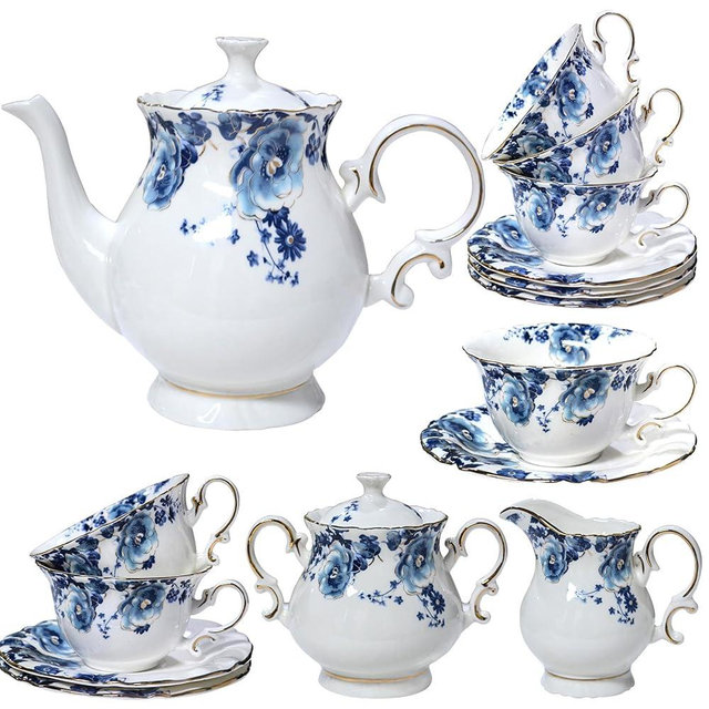 21-Piece Bone China Tea Set for Adults, Blue and White Porcelain Tea Set for 6, Vintage Floral Tea Set With Teapot Creamer Pitcher Sugar Bowl and Teaspoons, Tea Party Sets for Women Gift