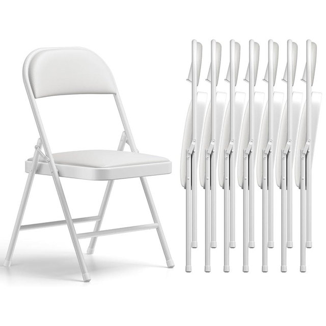 Folding Chairs 8 Pack, PU Leather Padded Folding Chairs for Outside and Indoor, Heavy Duty Portable Foldable Metal Commercial Seat for Home Office, Dorm, Party, Backyard, Lawn, Patio, White