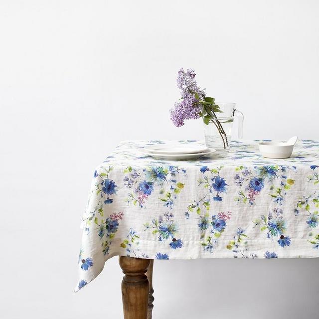 White Summer Flowers Washed Linen Tablecloth