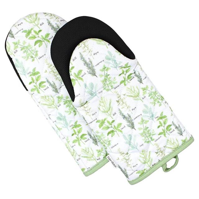Sage and Stitch Kitchen Oven Mitts for Women 5.5'' x 12'' Non Slip Heat Resistant Neoprene Grip and Hanging Loop and Long Sleeves for Baking, Cooking, BBQ, 100% Cotton Set of 2 - Green Herbs