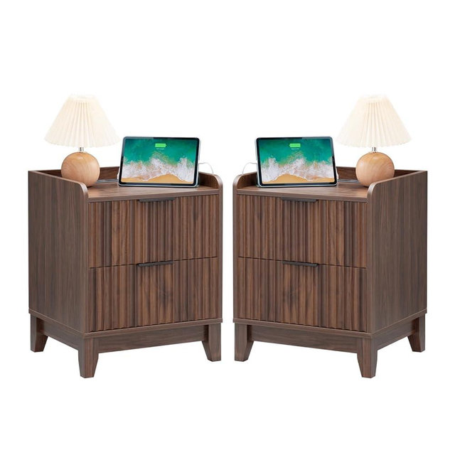 Wnutrees Fluted Nightstand with Charging Station, Modern Bedside Table with 2 Drawers, Farmhouse Wooden End Side Table for Living Room, 2Pack, Brown