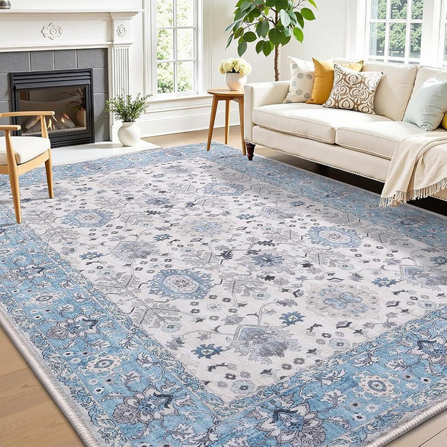 Vanmoos 5x7 Area Rugs for Living Room, Bedroom - Machine Washable, Non-Slip Bedside Rug, Large Soft Floor Carpet for Office, Dining Room, Farmhouse and Home Decor, Cozy Elegance/Blue