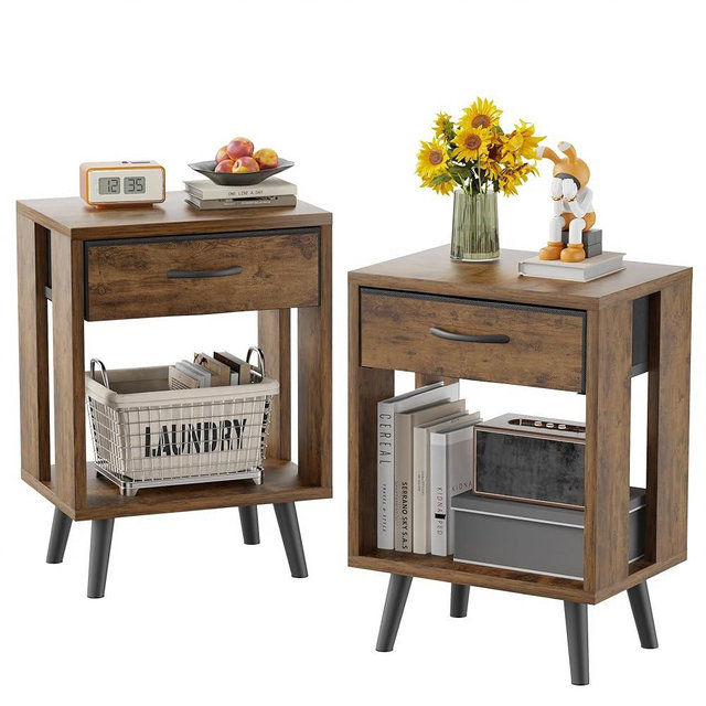 GYIIYUO Nightstand Set of 2 with Fabric Drawers and Open Shelves, Bedside Table Set - Dark Rustic Brown Bedroom Side Tables