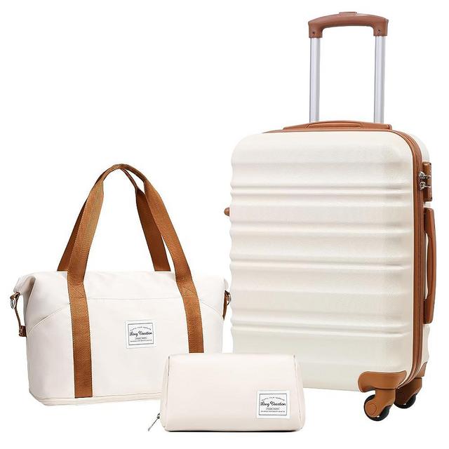 LONG VACATION Luggage Set 4 Piece Luggage Set ABS hardshell TSA Lock Spinner Wheels Luggage Carry on Suitcase (WHITE-BROWN, 20 INCH)