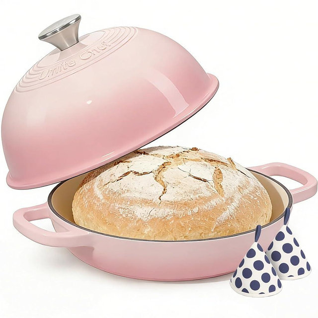 Cast Iron Dutch Oven Pot with Lid, Round Bread Oven for Sourdough Bread Baking, Umite Chef Enameled Cast Iron Bread Oven with Dome Lid & Cotton Potholders for Sourdough, Pink, 6 Quarts