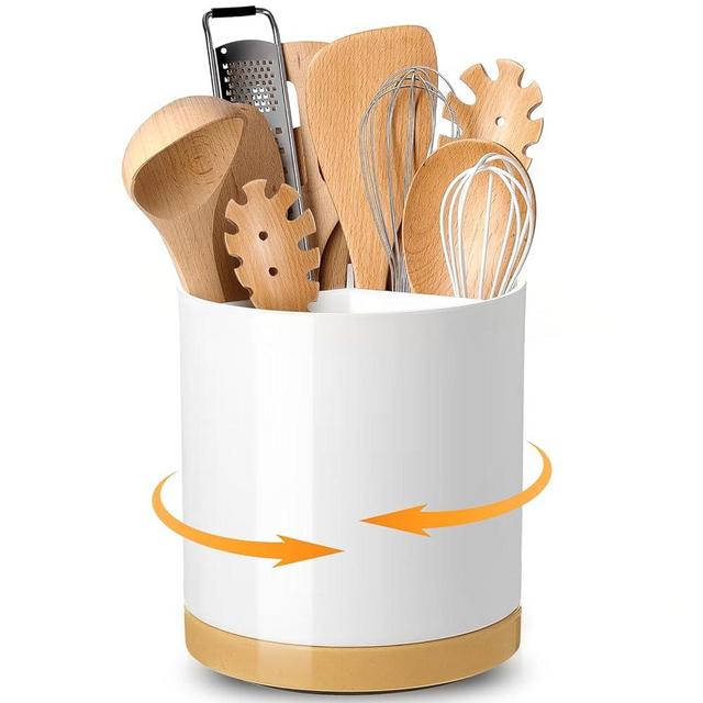 Kitchen Cooking Utensil Holder, 360° Rotating Large Utensil Crock, 6.3" Unbreakable for Countertop, for Farmhouse Kitchen Decor with Rotatable and Detachable Base (Melamine)