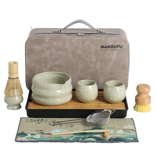 MAKOUYU 12 Pcs Matcha whisk Set,15 OZ,Japanese Matcha Set,With 2 Cups and 1 Leather Storage Bag,Complete Travel Matcha Kit Set,Perfect Matcha Kit for Matcha Tea Ceremony（Green）