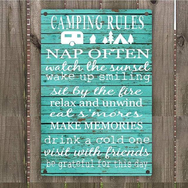 Camping Rules Vintage Retro Metal Sign Wall Art 8” x 12”, Decoration Hunting Camper Room