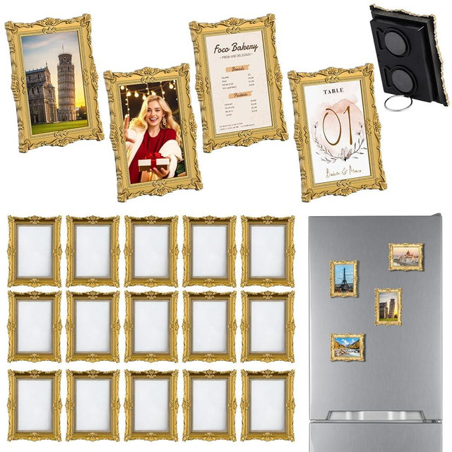 Wonderjune 20 Pcs Vintage Mini Picture Frames for 2.5"x3.5" Wallet Size Picture DIY 4.5"x3.5" Magnetic Fridge Magnet Small Gold Ornate Photo Frame Antique Table Decor for Wedding Party Menu(Vintage)