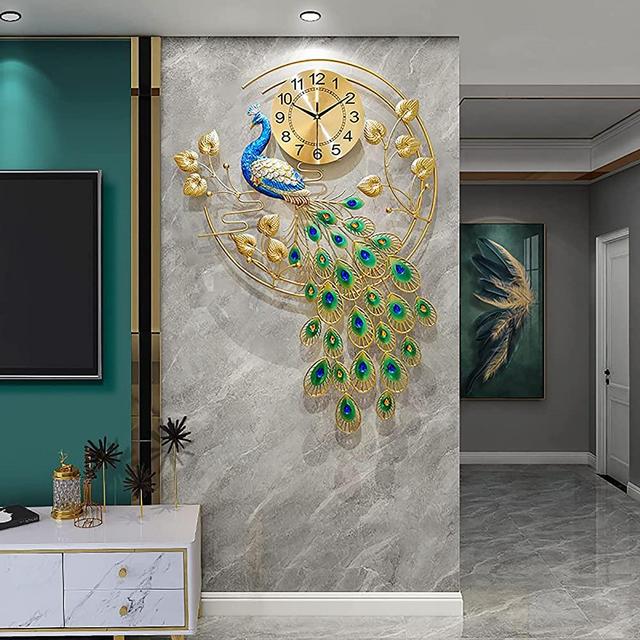 EURSON Large Peacock Wall Clock 36.6 inch Metal Design Non-Ticking Silent Art Digital Wall Clocks for Living Room Decor (Yellow&Green)