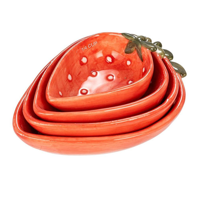 Creative Co-Op Hand-Painted Strawberry Stoneware Measuring Cups, Red and White, Set of 4