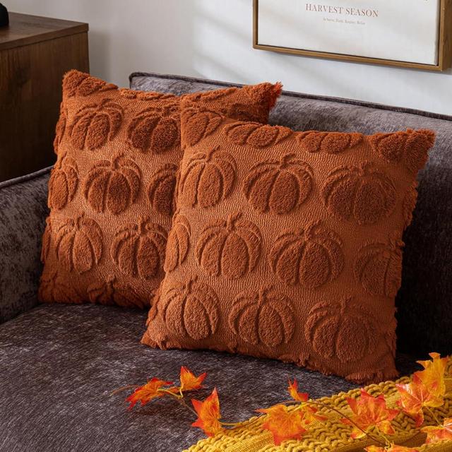COSIBONO Pumpkin Fall Decorative Throw Pillow Covers 18"x18", Set of 2 Rust Red Soft Faux Fur Pillow Covers for Autumn Harvest, Fluffy Plush Accent Pillow Cases for Farmhouse Couch Cushion Covers
