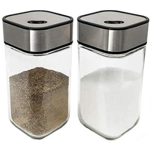 Salt and Pepper Shakers Set with Adjustable Pour Holes - Salt Shakers - Stainless Steel with Clear Glass Bottom (2-Pc. Set)