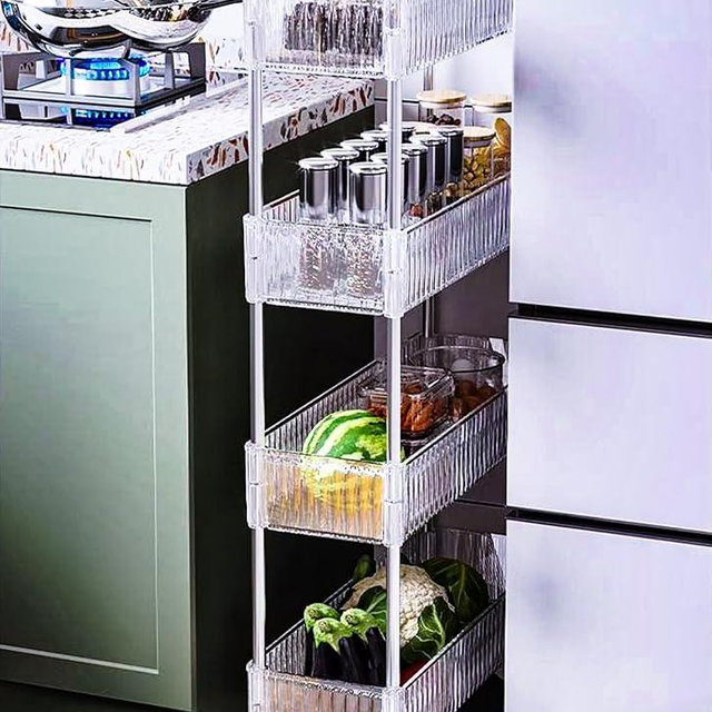4-Tier Plastic Rolling Utility Cart with Wheels, Multifunctional Storage Organizer Cart for Home, Office, Kitchen & Bathroom, Narrow & Clear, 6.7”W * 12.8”L * 33”H