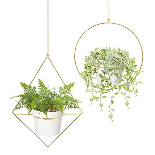 Mkono Boho Hanging Planter, Set of 2 Metal Plant Hanger in Diamond and Circle Shape with Plastic Plant Pot, Modern Mid Century Flower Pot Plant Holder, Fits 6 Inch Planter, Gold (Pots Included)