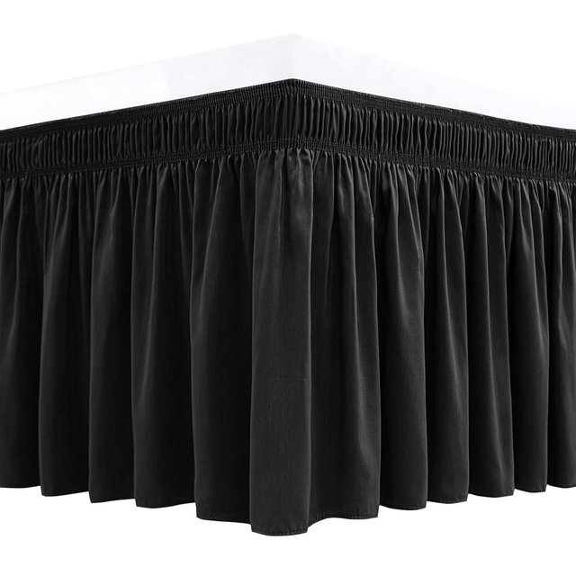 Biscaynebay Wrap Around Bed Skirts for King & Cal King Beds with Extra Long Drop of 25", Black Adjustable Elastic Dust Ruffles Easy Fit Wrinkle Resistant Silky Luxurious Fabric Machine Washable