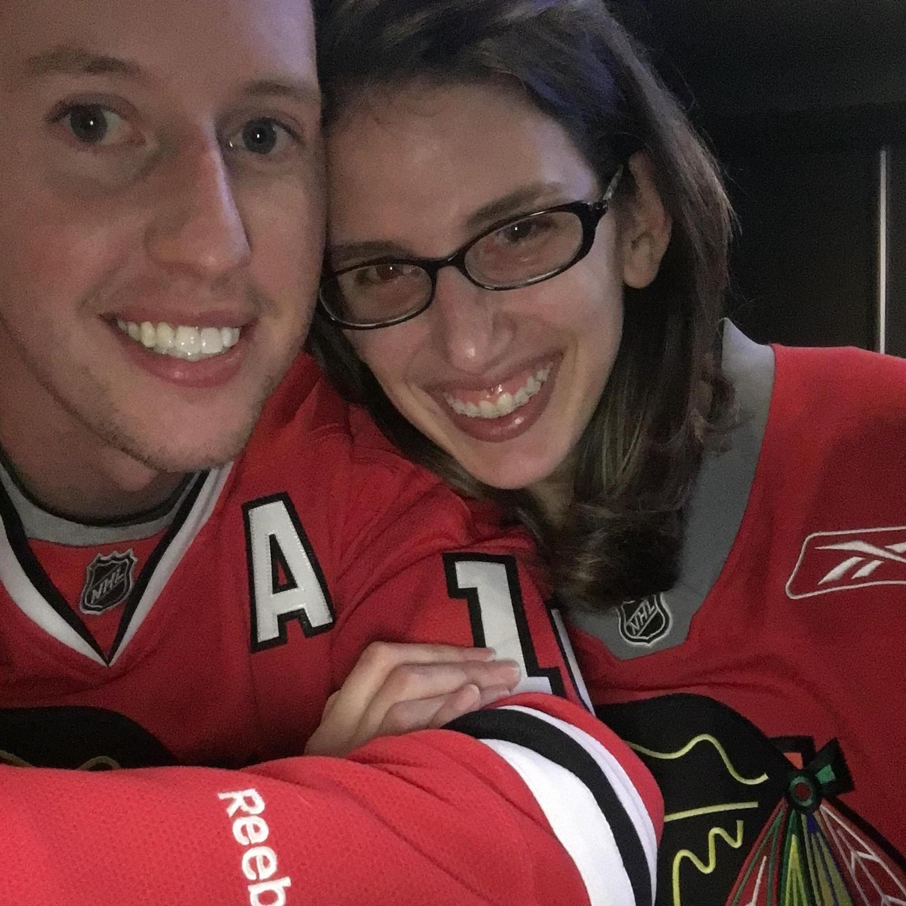 The one and only time Kyle has been able to convince Sarah to put on a Chicago Blackhawk's jersey