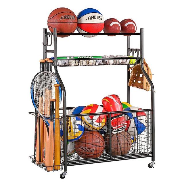 Mythinglogic Garage Sports Equipment Organizer, Ball Storage with Hooks and Baskets Sports Organizer for Garage, Basketball Rack Perfect for Football, Soccer Ball, Bat, Toys