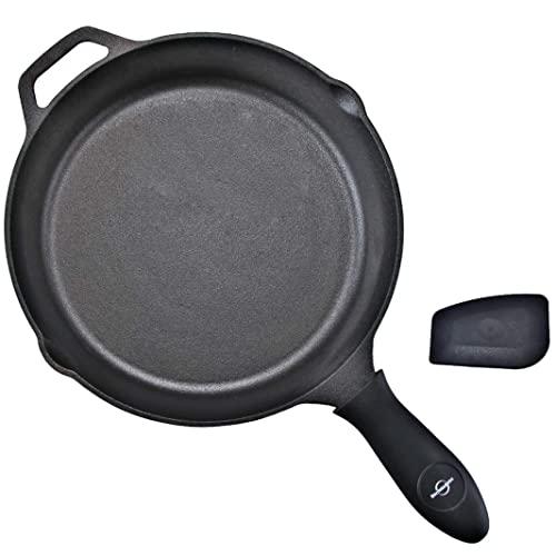 Pre-Seasoned Cast Iron Skillet 12 Inch with Removable Silicone Handle Grip and Pan Scraper, Indoor and Outdoor Use, Oven, Grill, Stovetop, Induction Safe
