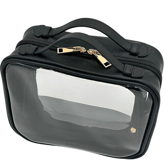 JAZD Clear Makeup Bag Toiletry Bag for Women Cosmetic Case Large Capacity Travel Make Up Bag Organizer Transparent Storage Compartment TSA Approved (BLACK)