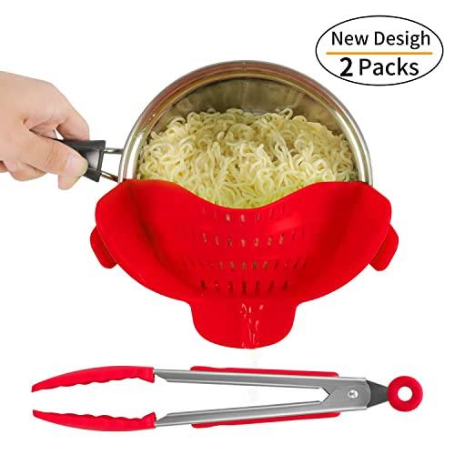 SOOHAO Clip-On Strainer Kitchen Food Strainers Heat Resistant Silicone, Universal Fit On All Pots and Bowls Home Cooking（Red）