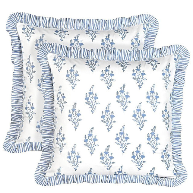 Ridhi Coastal Blue Block Print Ruffle Throw Pillow Cover 20" x 20" (Pack of 2) Decorative Cushion Covers with Ruffle for Couch, Sofa, Bed, Living Room, Home Decor Gift for Spring, Mother's Day