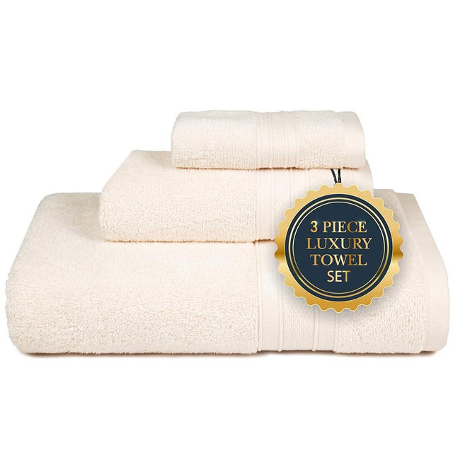 TRIDENT Soft & Plush Luxury Towel Set, 100% Cotton, 1 Bath Towel, 1 Hand Towel, 1 Washcloth, Highly Absorbent Towels for Bathroom, 3 Pieces Offwhite Linen Towel Sets