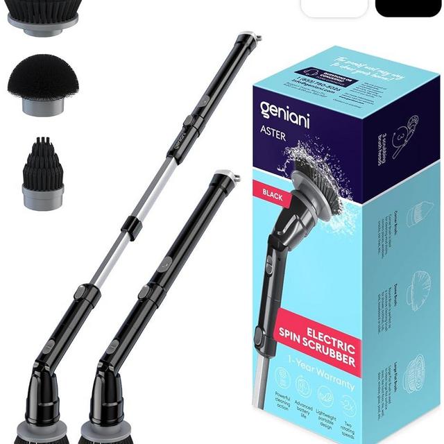 GENIANI Electric Spin Scrubber, 360 Cordless Powerful Scrub Brush for Cleaning Bathroom, Tile, Floor, Tub and Shower with Adjustable Extension Handle and 3 Replaceable Rotating Brush Heads (Black)