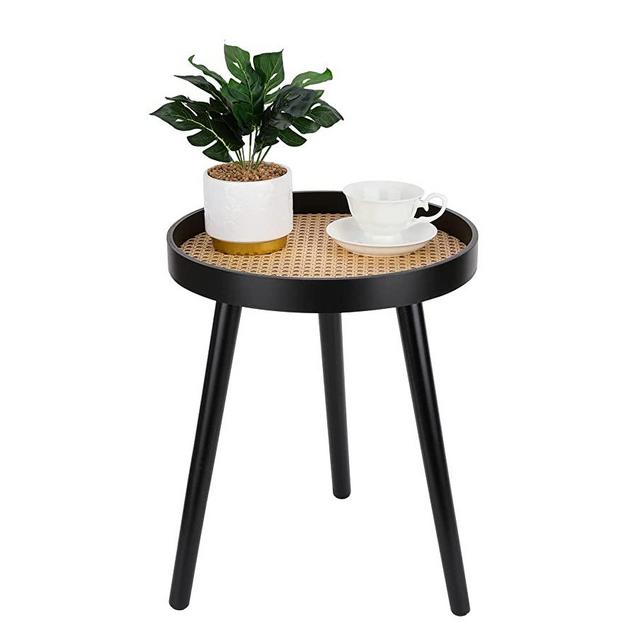 Rattan Round Side Table, Black Small End Table, Accent Table, Modern Boho Bedside Table, Mid-Century Patio Side Table, End Tables for Living Room Bedroom Office Balcony