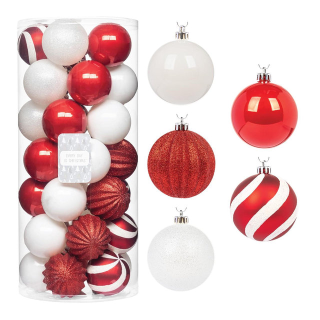 35pc Shatterproof Round Christmas Tree Ornament Set, Merry Christmas Balls Red Ornaments with Hooks - Every Day is Christmas