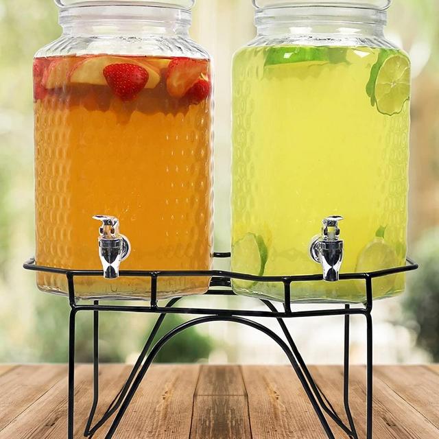 Hammered Glass Double Beverage Drink Dispenser On Stand With Leak Free Spigot, 1 Gallon, Clear
