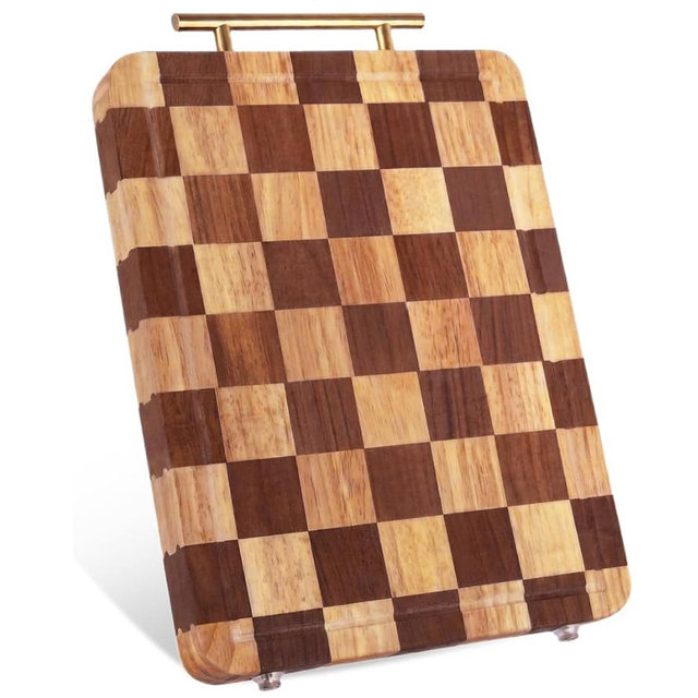 Checkered Cutting Board for Kitchen – 14.9"x 11"x 1.18" Rubber Wood Butcher Block with Juice Groove & Steel Handle, Heavy Duty Non-Slip Chopping Board for Charcuterie, Housewarming Gift