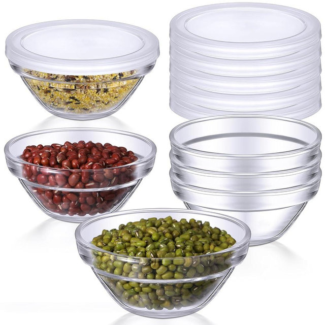 Teenyyou 6 Pieces Small Glass Dipping Bowls Set with Lid Dipping Sauce Bowls Dishes Stackable Ingredient Bowls Mini Sauce Bowls for Ketchup, Soy, Sushi, Party, Nuts, or Candy (2.95 Inches)