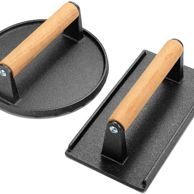 Wildone Burger Press, 7" Round & 8.2"X4.3" Rectangle Heavy-Duty Cast Iron Smash Bacon Press Meat Steak with Wood Handle for Griddle, Sandwich, Panini, Nonstick Pan