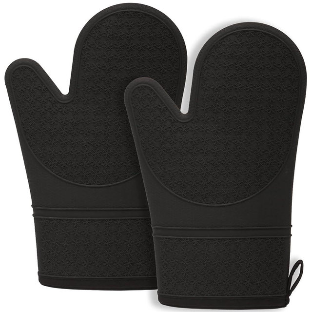 Hovico Silicone Oven Mitts, Oven Gloves with Non-Slip Silicone- 2PCS Black Oven Mitts Heat Resistant 600 Degree,Soft Lining Silicone Oven Gloves for Cooking Baking Kitchen Mitten