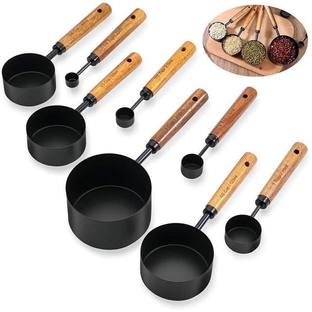 SHENLIU 8 Pcs Measuring Cups and Spoons Set, Black Stainless Steel Measuring Cups with Wooden Handle, Metal Measurings Spoons Set Nesting Kitchen Measure for Kitchen Baking