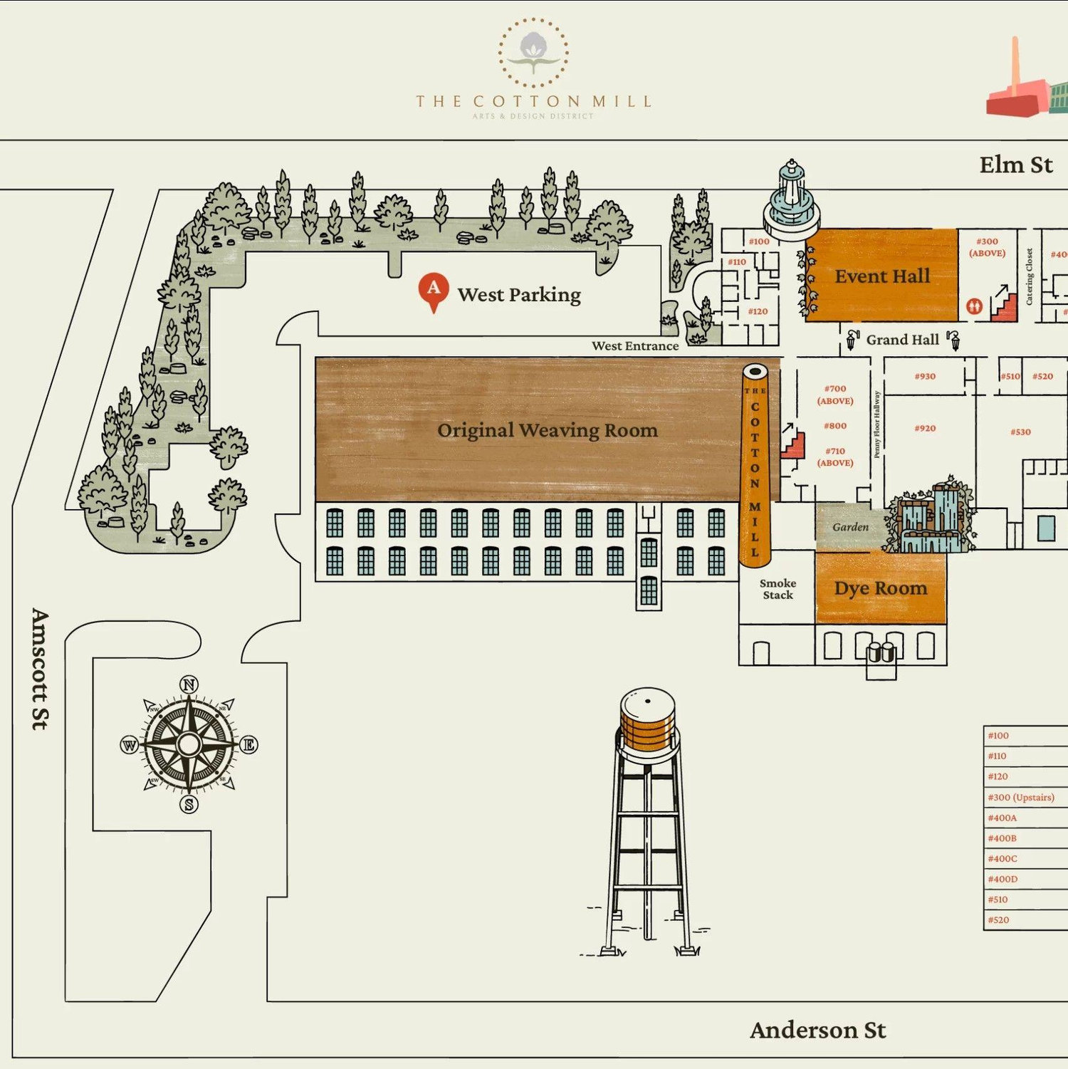 Parking Directions:
Please park in the "West Parking" Lot (A) and enter through the west entrance. The ceremony will be outside in the Dye Room, and the reception will be in the Event Hall.