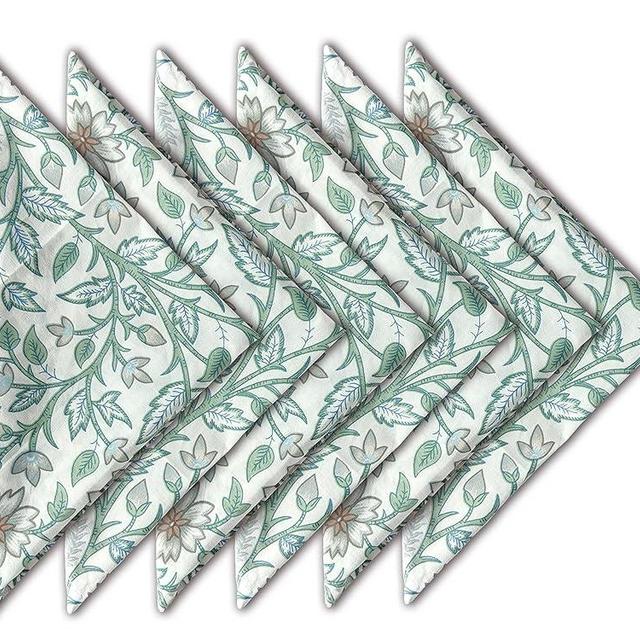 Craftbot Soft Cotton Printed Napkins 18x18 inches - Washable Thin Cloth Napkins Set of 6 - Everyday Use Party and Events - Sage Green Floral Pattern Indian Block Print Fabric, Sage Green and White