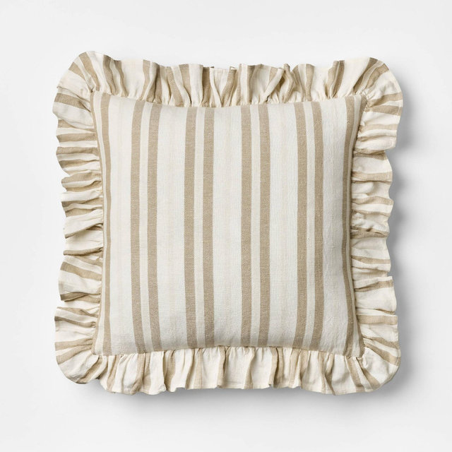 Square Woven Stripe Throw Pillow with Ruffle Taupe/Ivory - Threshold™ designed with Studio McGee