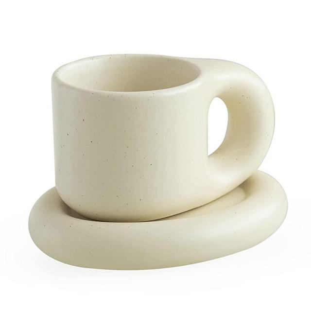 WENSHUO Chubby Funny Coffee Mug, Novelty Cute Cup and Saucer, Matte Crème, 9 oz