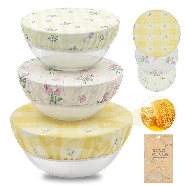 Reusable Beeswax Bowl Covers-3 PCS Elastic Cotton Food Wraps-8''/10''/12'' Shower Caps for Dough Proofing and Bread Baking (Plaid Floral)