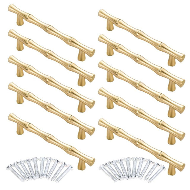 AchNau 10pcs Cabinet Handles Hole Centers 3-3/4", Bamboo Shape Kitchen Cupboard Dresser Closet Drawer Door Pulls Gold