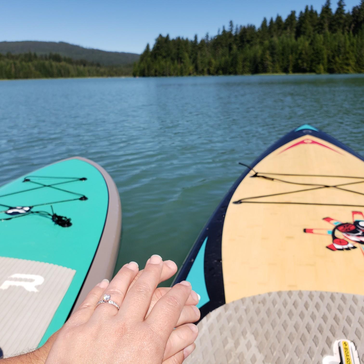 The day after we got engaged, floating around Timothy Lake.  Stand up paddle boarding is one of Robin's most favorite hobbies.  (July 1, 2018)