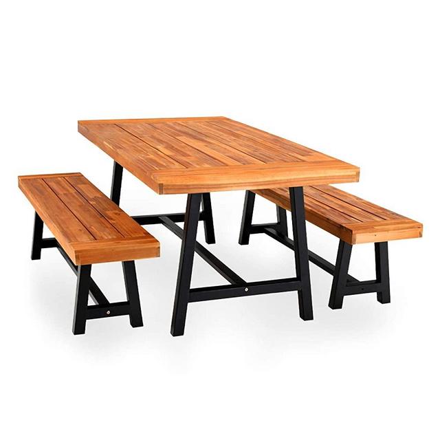 PHI VILLA Outdoor Table Bench Set of 3, 1 Wood Dining Table & 2 Wooden Benches, Premium Acacia Wood Patio Furniture Set for Porch Balcony Deck, Teak Color