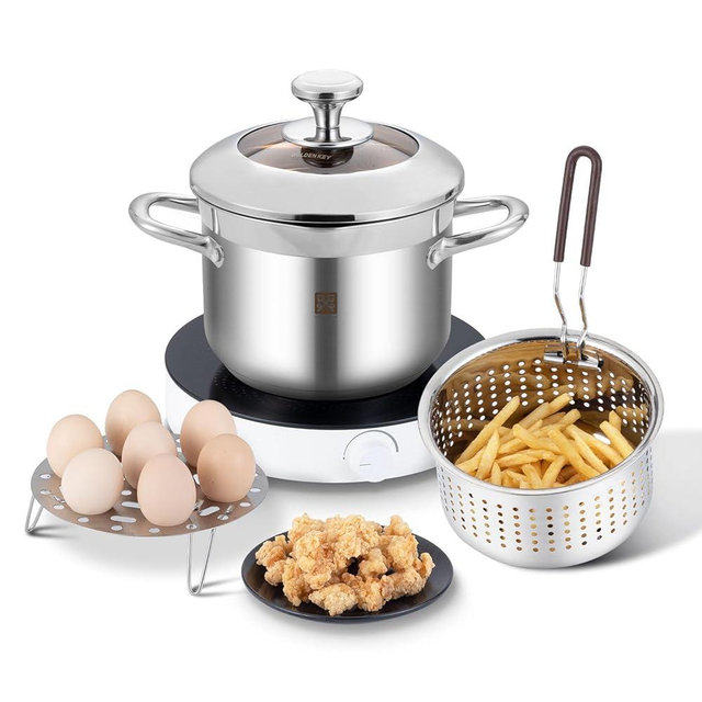GOLDEN KEY Deep Fryer Pot with Basket Lid 4.0L/4.2QT 304 Stainless Steel Large Capacity Multi-function Cooking Pot with Strainer Basket for Kitchen Camping