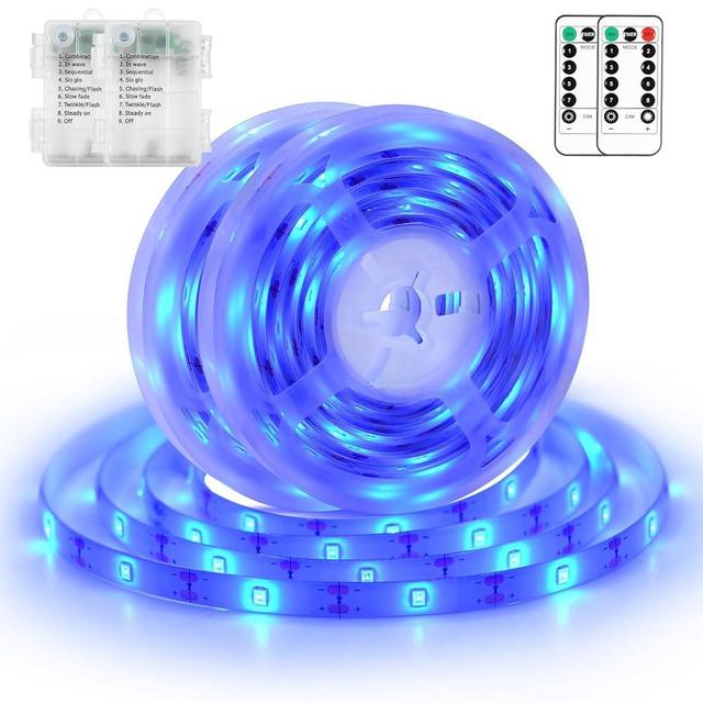 Blue Led Strip Lights Battery Powered, 2 Pack 9.8FT 90 LED Rope Lights with Remote Controller Timer Dimmable, Waterproof Flexible Light Strip for Bedroom Room Outdoor TV Table Boat Kitchen Decor