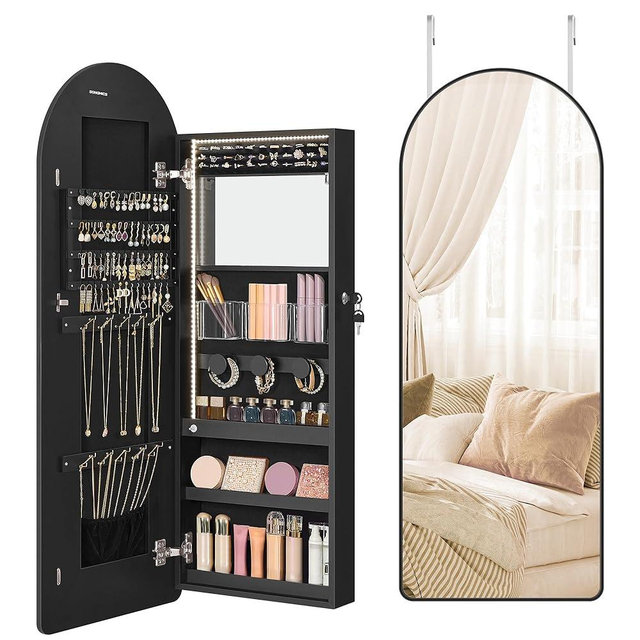 SONGMICS Wide Jewelry Organizer, LED Jewelry Cabinet Wall/Door Mounted, Arched Mirror with Storage, Lockable, Rounded Corner, Interior Mirror, 3.9 x 16.5 x 42.5 Inches, Ink Black UJJC020B01